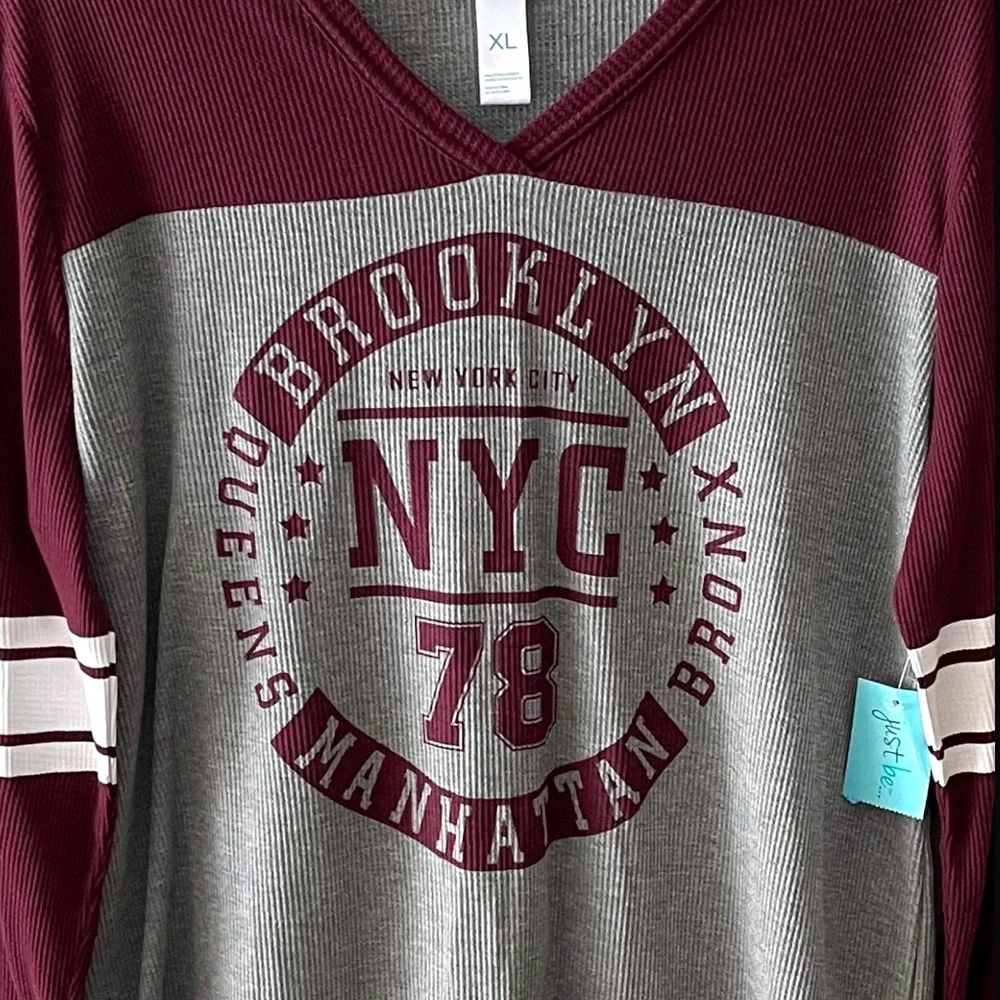 just be NYC Thermal Football Style V-neck Hooded Long Sleeve Shirt - Picture 3 of 16